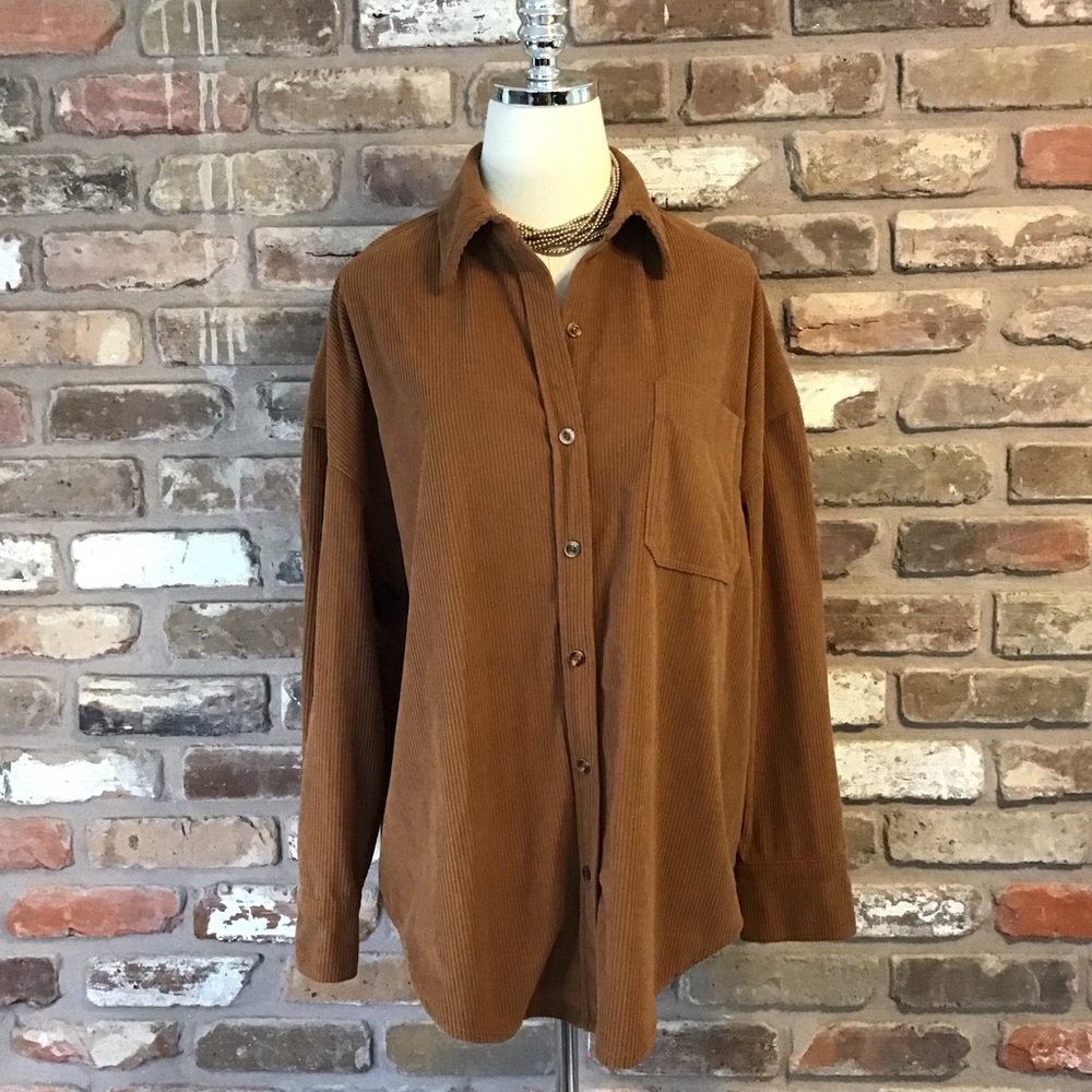 Women's Oversized Brown Button Down Corduroy Shirt L - Picture 3 of 7